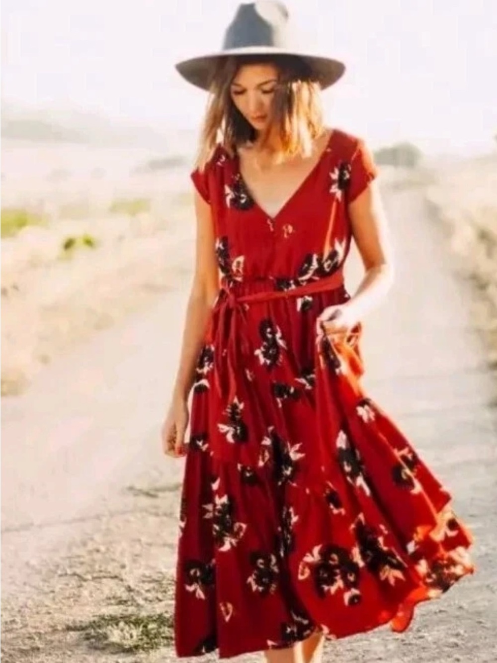 Free People Red Floral V-Neck Midi Dress with Tie Waist Size 0